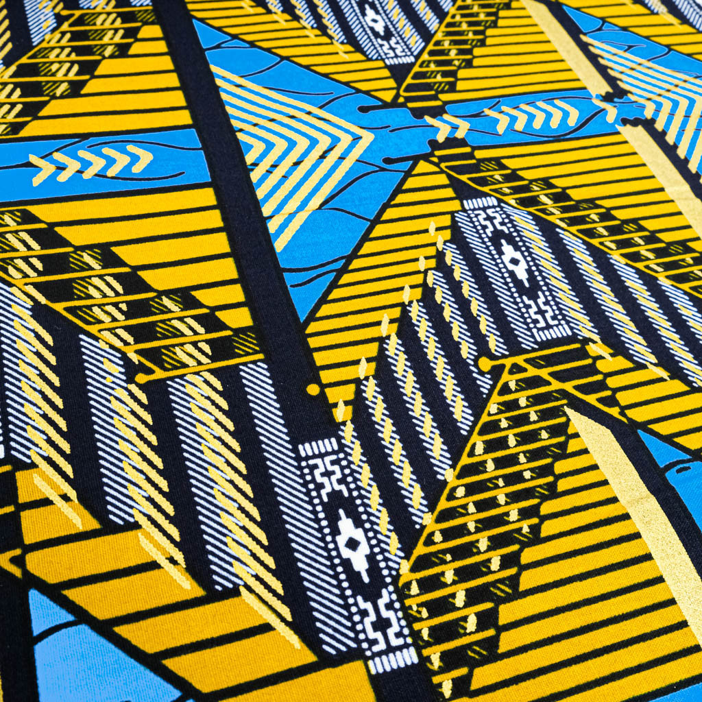 Turquoise Wax Fabric with Ochre Lurex Pattern - Maison Klem